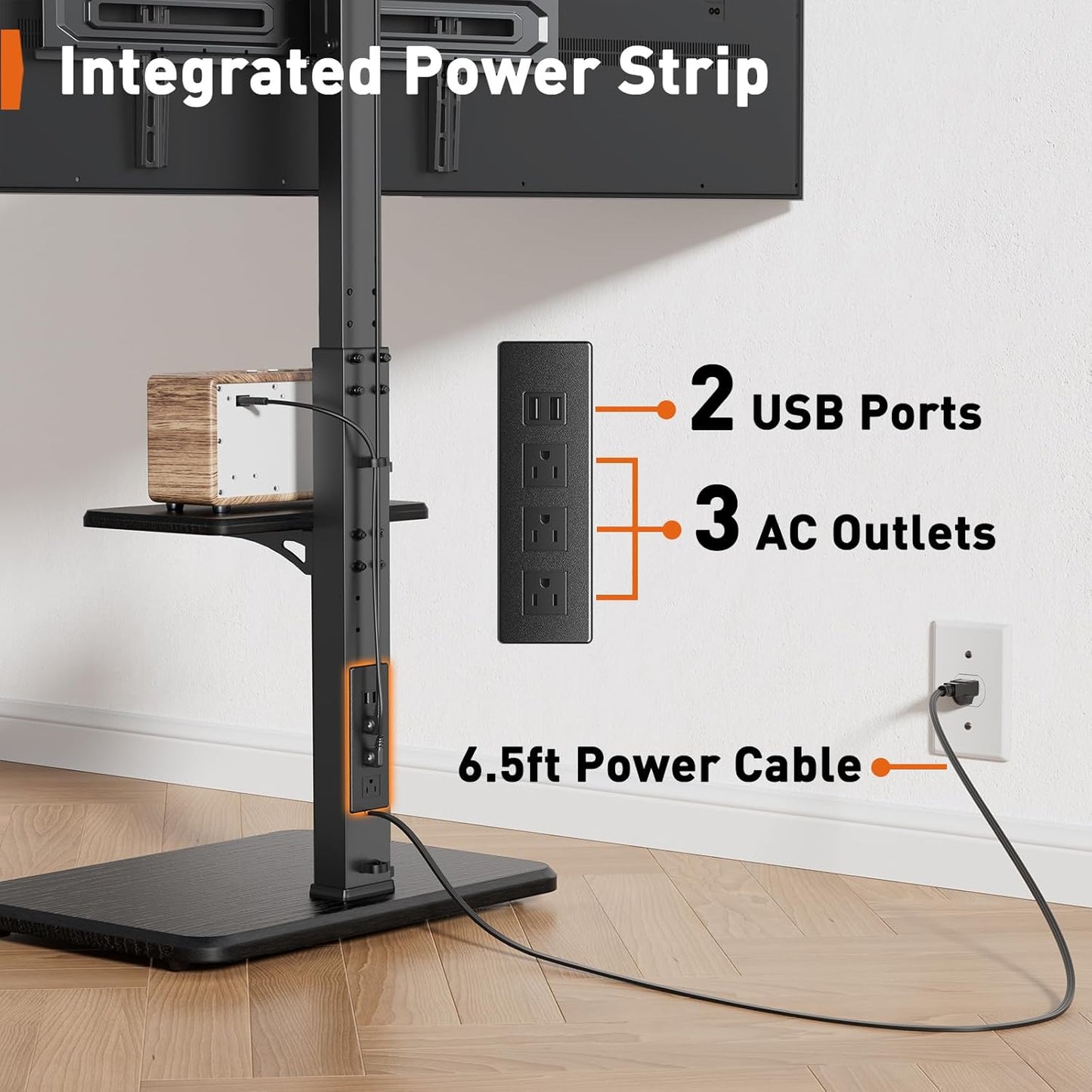 Floor TV Stand with Power Outlet, Universal TV Stand for 32-75 Inch Tvs up to 110 Lbs, Height Adjustable Standing TV Mount, Tall TV Mount with Wood Base, Max VESA 600X400Mm, PGFS06