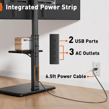 Floor TV Stand with Power Outlet, Universal TV Stand for 32-75 Inch Tvs up to 110 Lbs, Height Adjustable Standing TV Mount, Tall TV Mount with Wood Base, Max VESA 600X400Mm, PGFS06