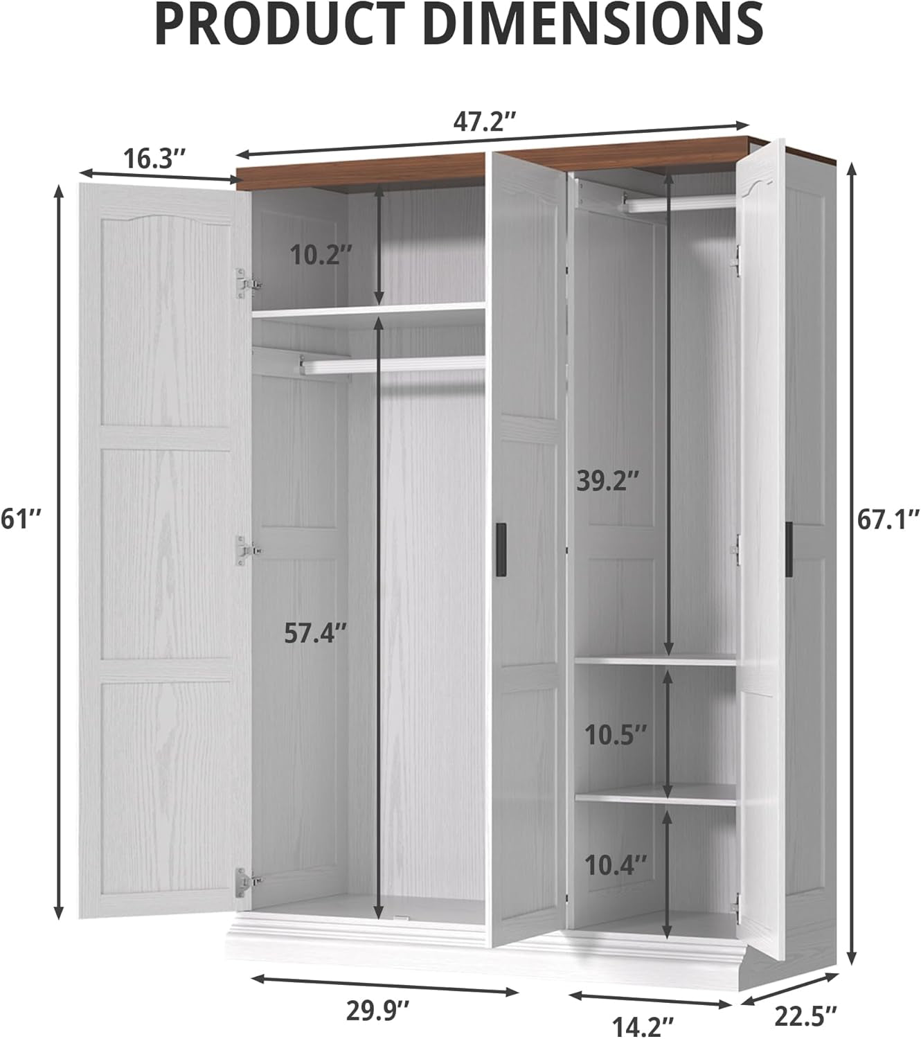 3 Door Armoire Wardrobe Closet with Mirror, Large Wardrobe Closet with Doors, White Armoire for Bedroom with Hanging Rods & Shelves for Long Clothing, Short Clothing and Stacking, Modern