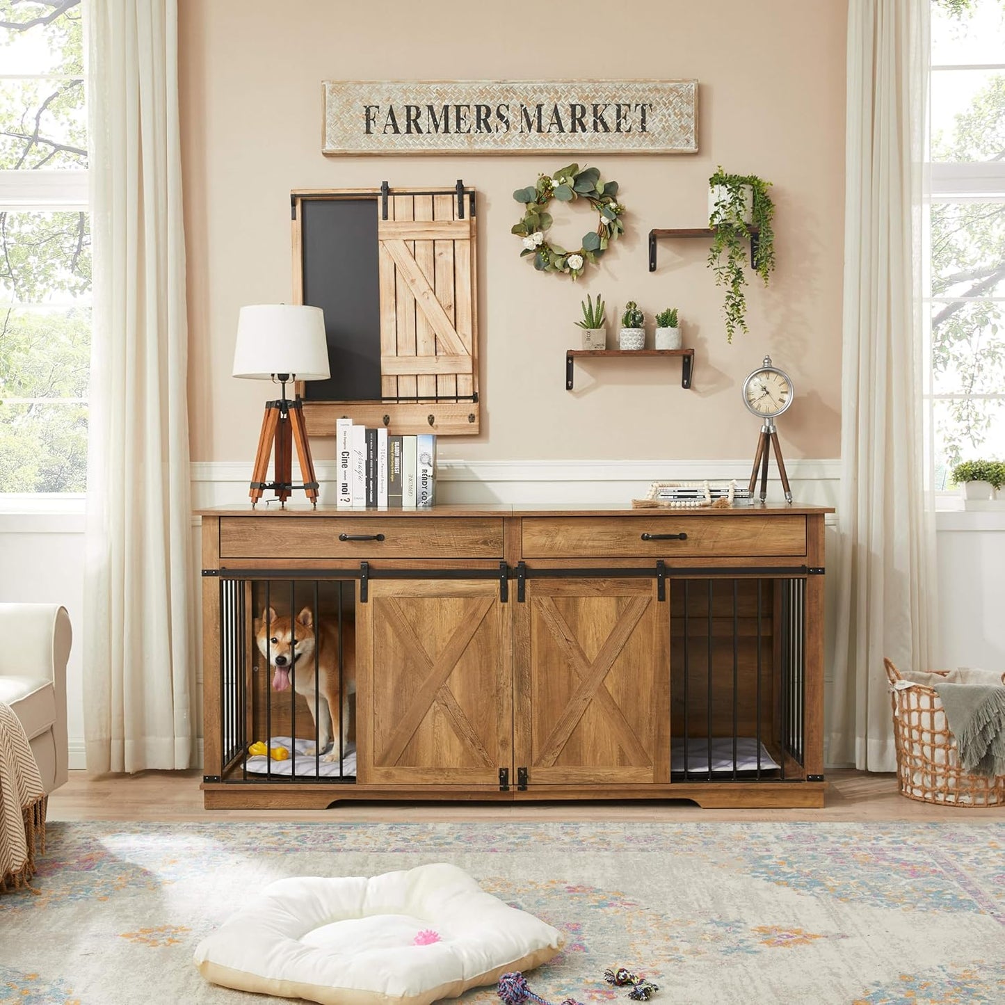 Dual Dog Kennel for 2 Medium Dogs, Wooden Furniture-Style Pet Crate with Removable Divider - 72.5 Inch W Indoor Dog Cage Doubles as TV Stand & Display Shelf (Rustic Oak)