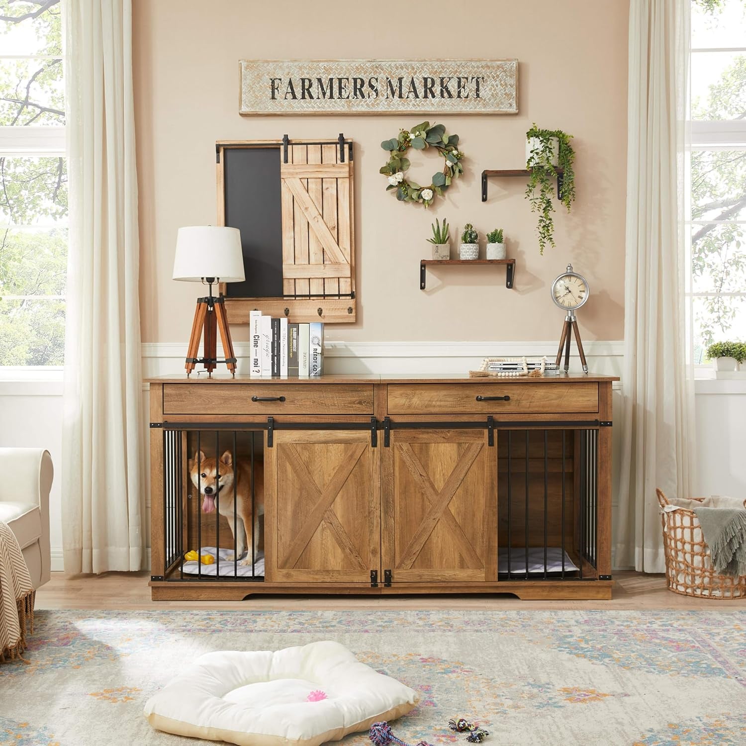 Dual Dog Kennel for 2 Medium Dogs, Wooden Furniture-Style Pet Crate with Removable Divider - 72.5 Inch W Indoor Dog Cage Doubles as TV Stand & Display Shelf (Rustic Oak)