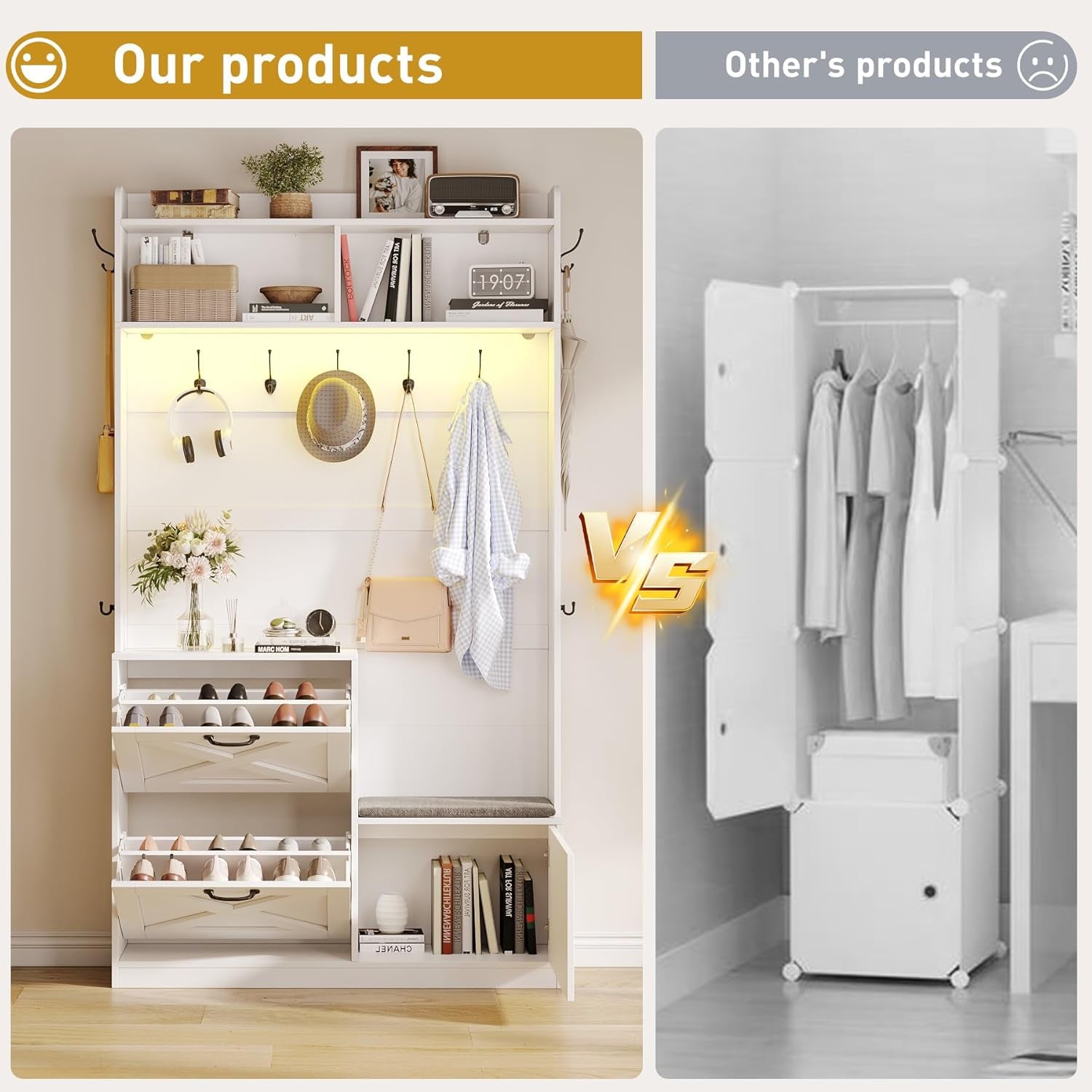 Entryway Hall Tree with Bench and Shoe Storage, 5-In-1 Narrow Hall Tree with LED Light, Cushioned Stool & 9 Hooks, 2 Flip Drawers, 78" Coat Shoe Rack for Mudroom, Hallway, Living Room, White