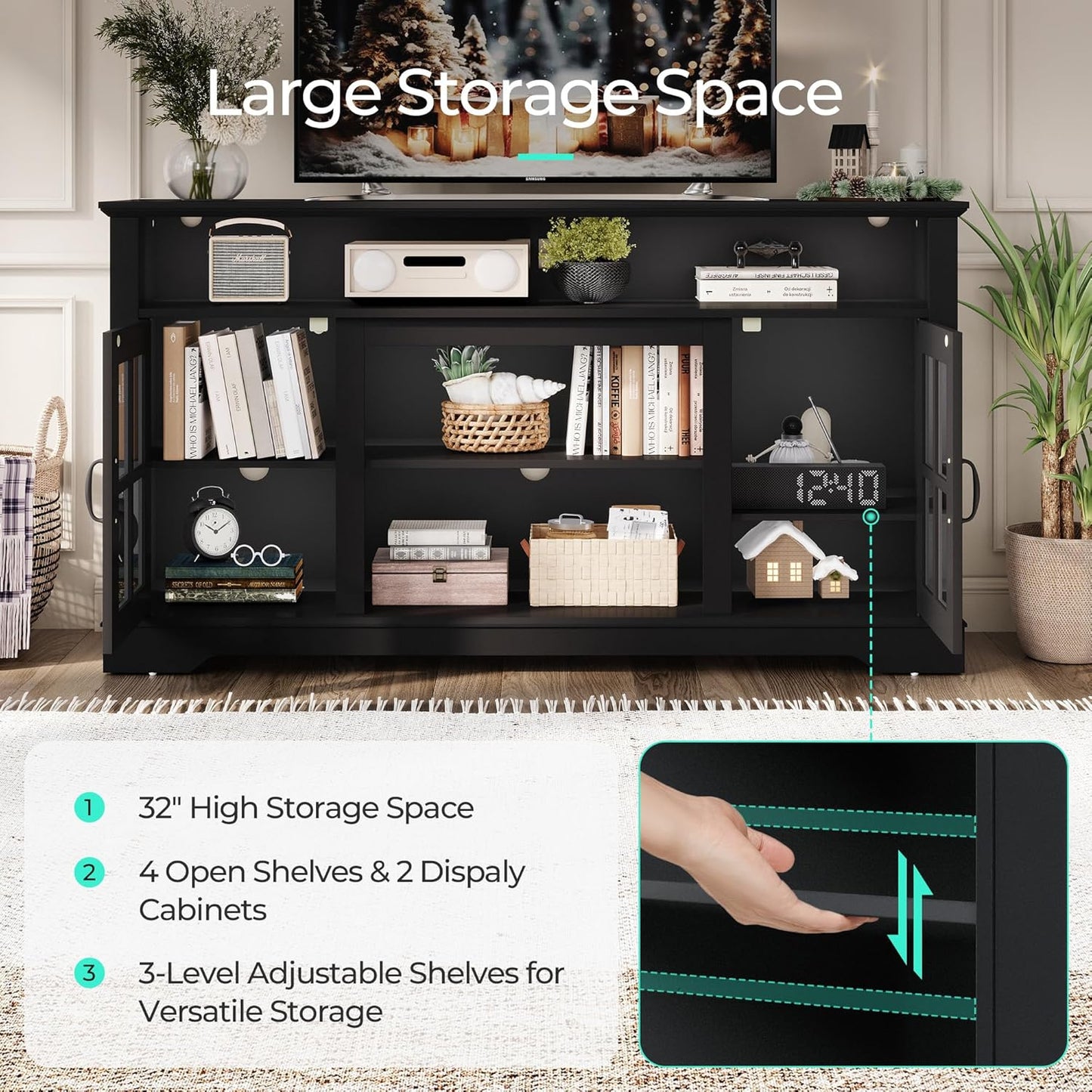 TV Stand for 65 Inch TV, 32" Tall Entertainment Center with LED Lights and Glass Door Storage Cabinet, Modern Farmhouse TV Media Console Table for Living Room, Black