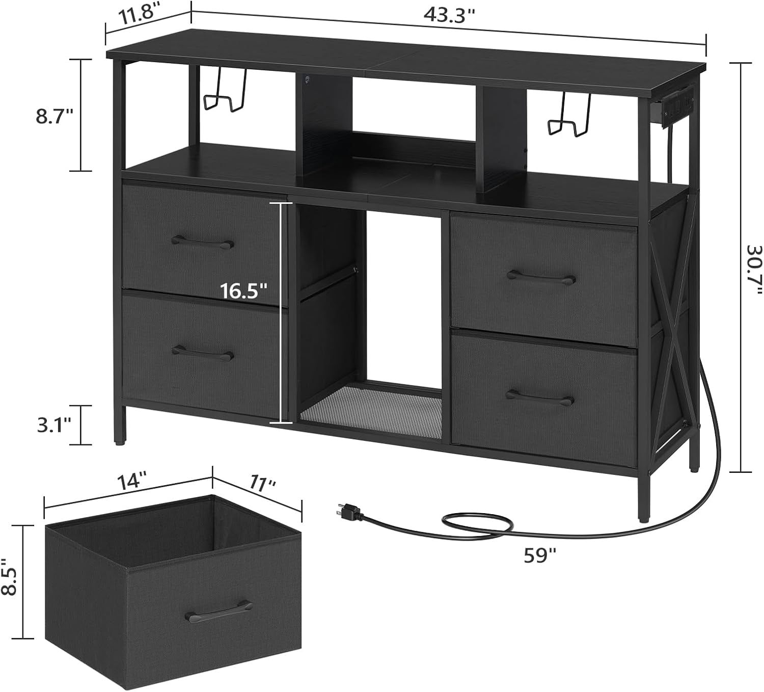Dresser TV Stand, Entertainment Center with Power Outlets and LED Light, Media Console with Drawers and Open Shelves for 50'' TV, for Living Room, Bedroom, Black TVHB110E01N1