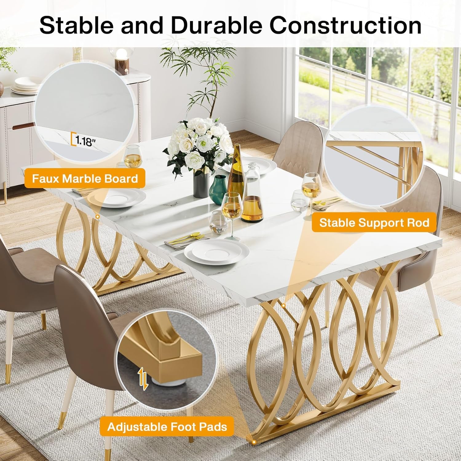 Modern Dining Table, 63" Large Kitchen Table for 4-6 People, Unique Rectangular Dinner Table Kitchen & Dining Room Furniture with Faux Marble Tabletop and Geometric Legs