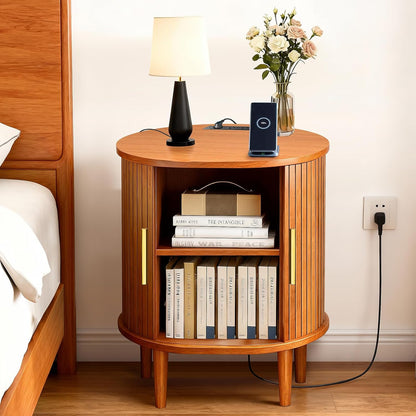 Mid Century Modern Nightstand with Charging Station, Fluted Accent Side Table with Sliding Door & Adjustable Shelf, End Table for Small Space, Living Room, Bedroom,Sofa Couch(1, Yellow)