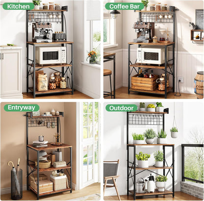 Bakers Rack with Power Outlet, Kitchen Shelves Microwave Stand with Wire Grid and 10 Hooks, 4 Tiers Coffee Stand (Rustic Brown, 23.5 X 15.6 X 52.8 Inches)