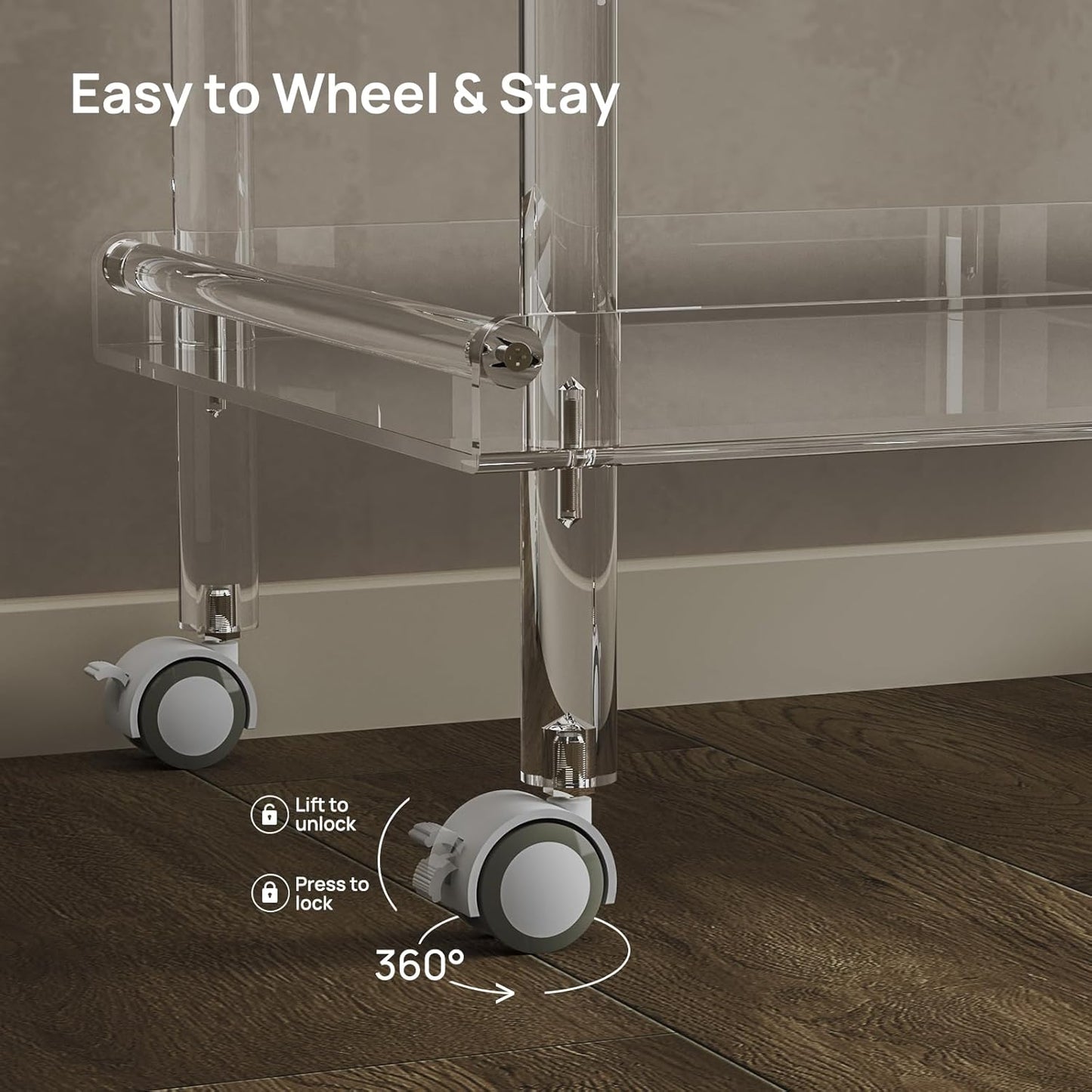 Acrylic Bar Cart, Rolling Serving Cart with 4 Lockable Wheels for the Home Bar, Kitchen, Living Room, Modern, 2-Tier, 23.6" L X 15" W X 30" H, Clear