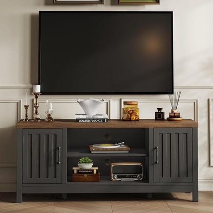 Farmhouse TV Stand for Televisions up to 55 Inches, Entertainment Center Console Table Media Furniture with Storage Cabinets and Open Shelves, Fluted Door, for Living Room Bedroom, Black