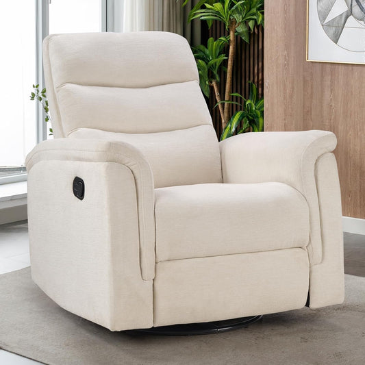 Swivel Rocker Recliner, Nursery Glider Chair, Manual Chairs Swivel Glider Recliners with Soft Backrest, Fabric Manual Reclining Sofa for Living Room Bedroom Apartment, Beige