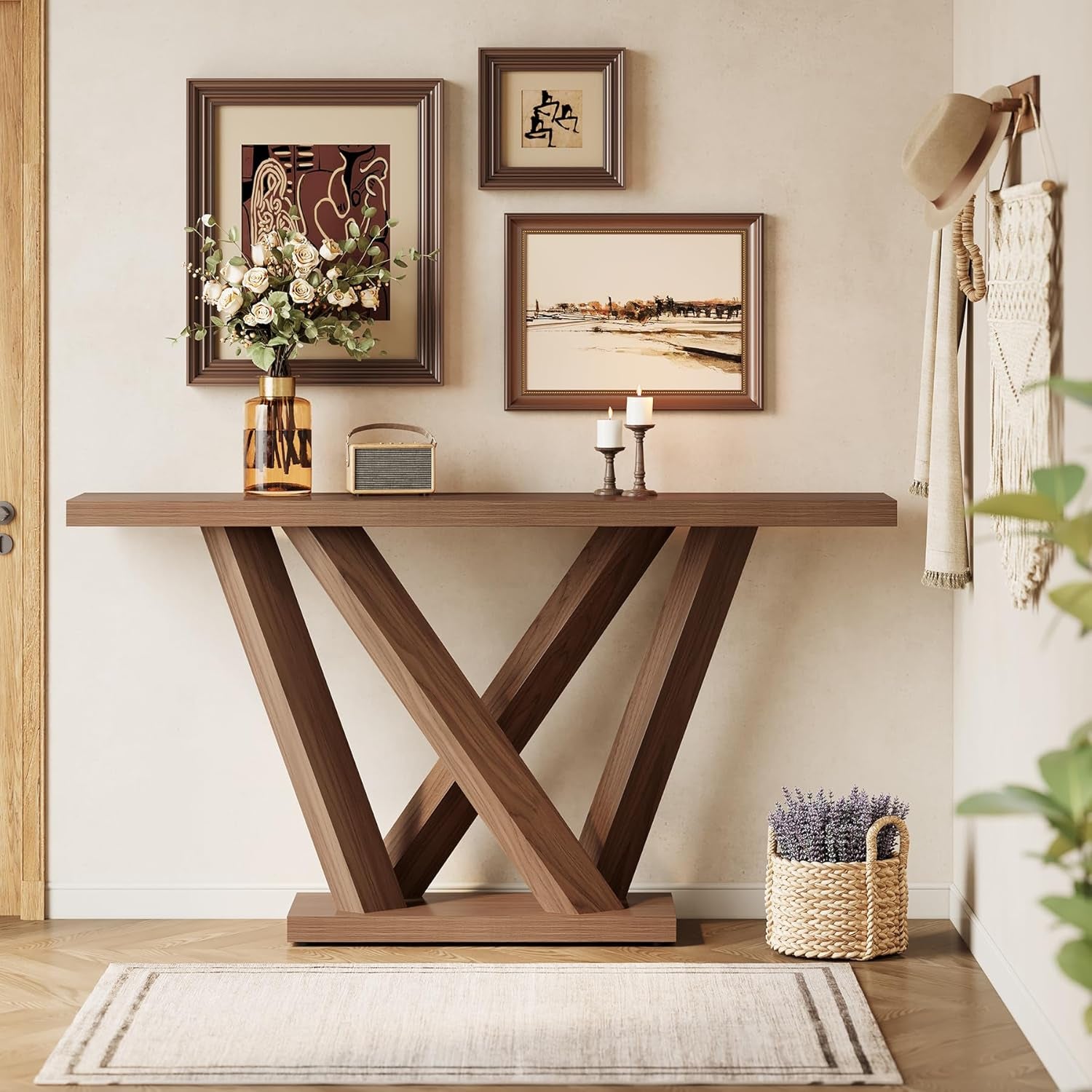 63-Inch Console Table with Geometric Base, Modern Long Narrow Accent Sofa Table behind the Couch, Wood Entryway Table for Hallway, Foyer, Living Room, Dark Brown