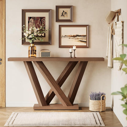 63-Inch Console Table with Geometric Base, Modern Long Narrow Accent Sofa Table behind the Couch, Wood Entryway Table for Hallway, Foyer, Living Room, Dark Brown