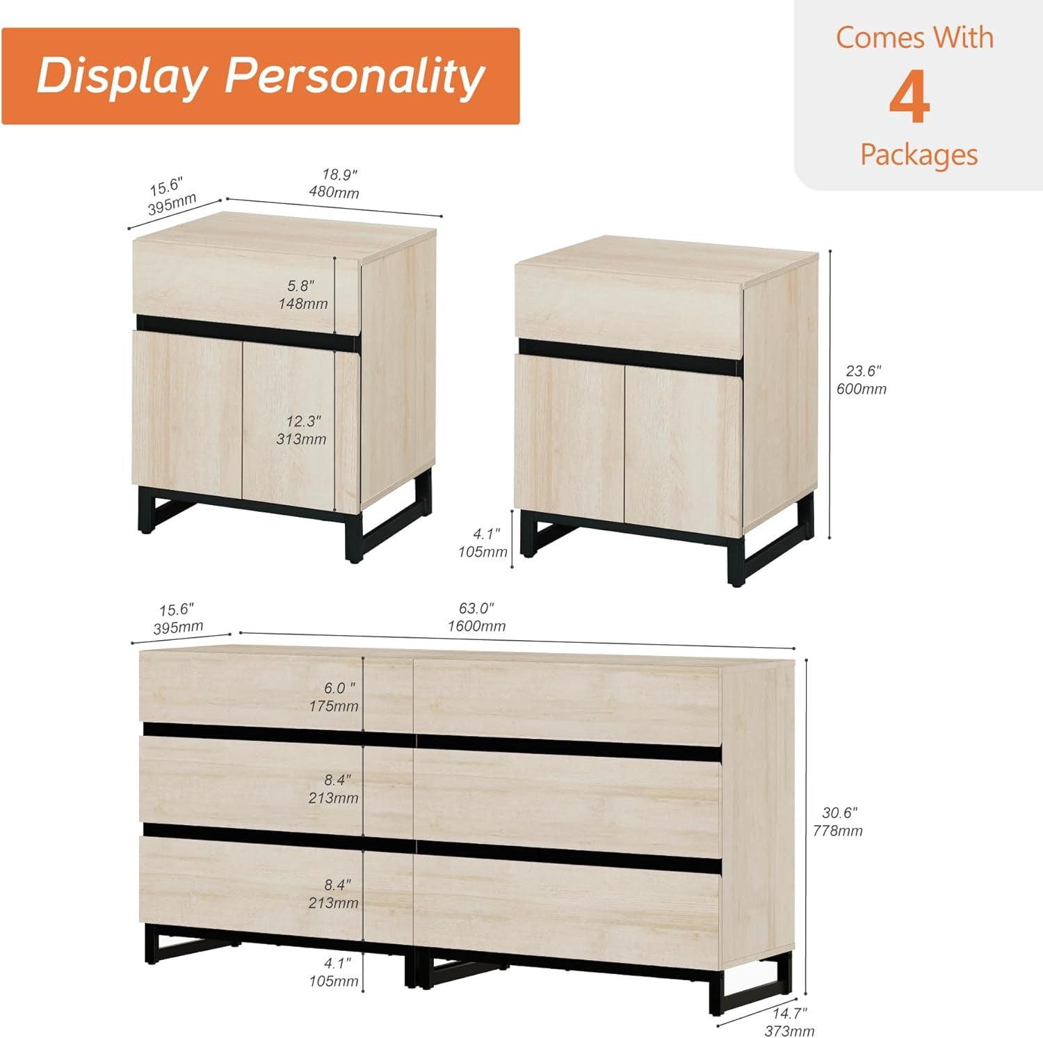 Dresser and Nightstand Set of 3, 63 Inches Dresser with 6 Drawers, 2 Nightstand with Drawer and Cabinet for Bedroom, Bedroom Furniture Set, Light Oak