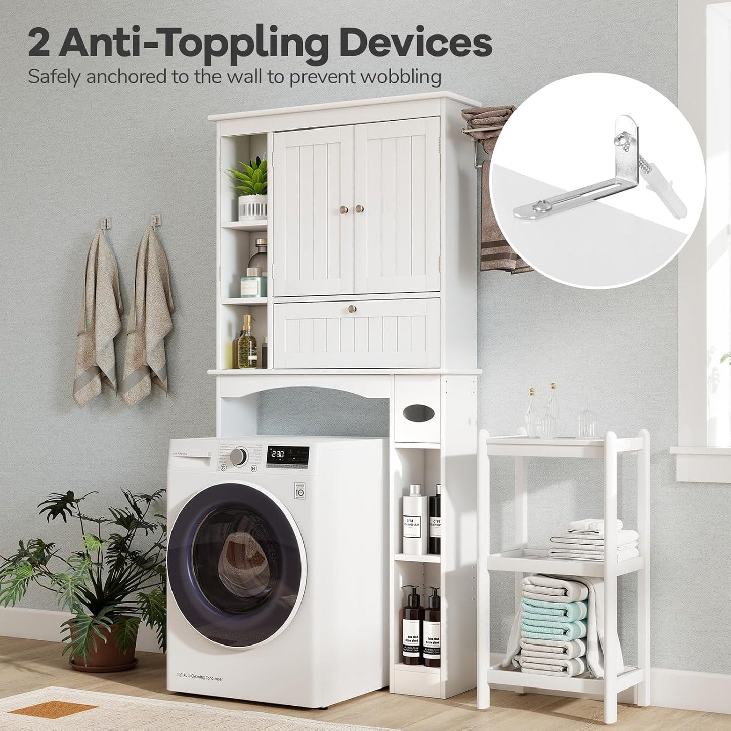 over the Toilet Storage Cabinet, Bathroom Storage Organizer with Toilet Paper Holder, Adjustable Shelf & Bottom Bar, Modern Floor Cabinet for behind Toilet, Laundry Room, White