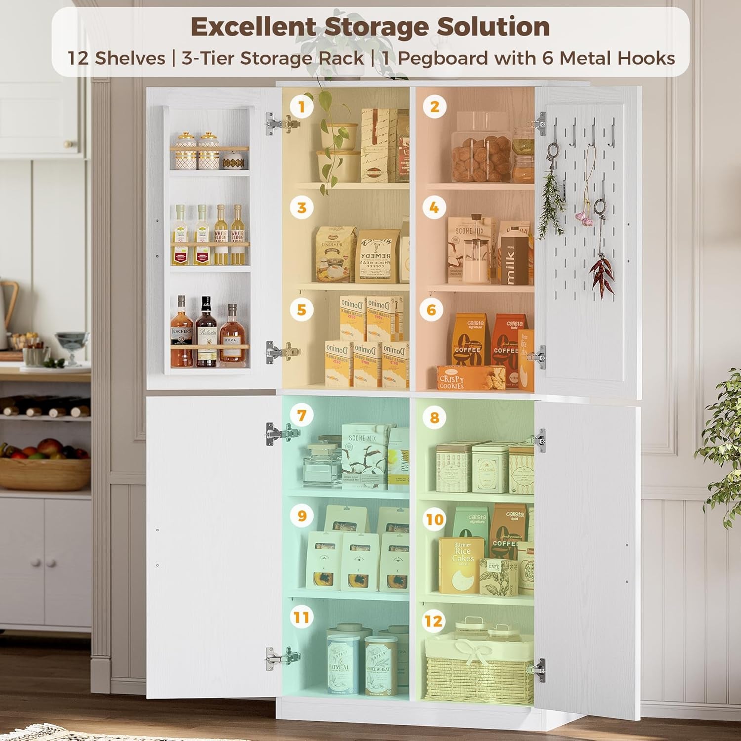 71" Kitchen Pantry Storage Cabinet with Storage Rack, Pegboard Doors, 4 Adjustable Shelves, Food Pantry Cabinet, Freestanding Tall Cupboard for Dining Room, Kitchen, White