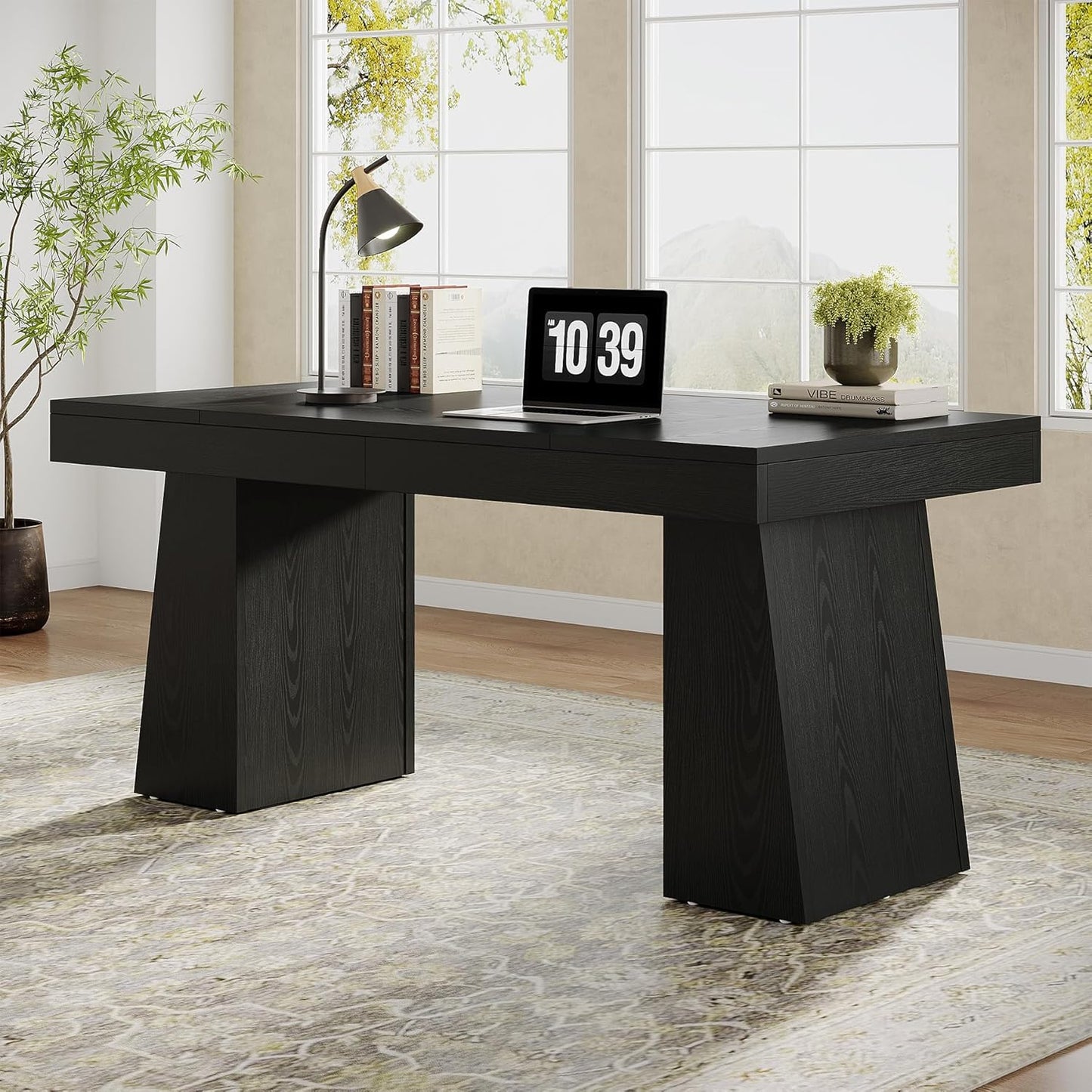 55" Executive Desk, Wooden Office Desk with Double Pedestal, Modern Simple Computer Writing Table for Home Office, Black