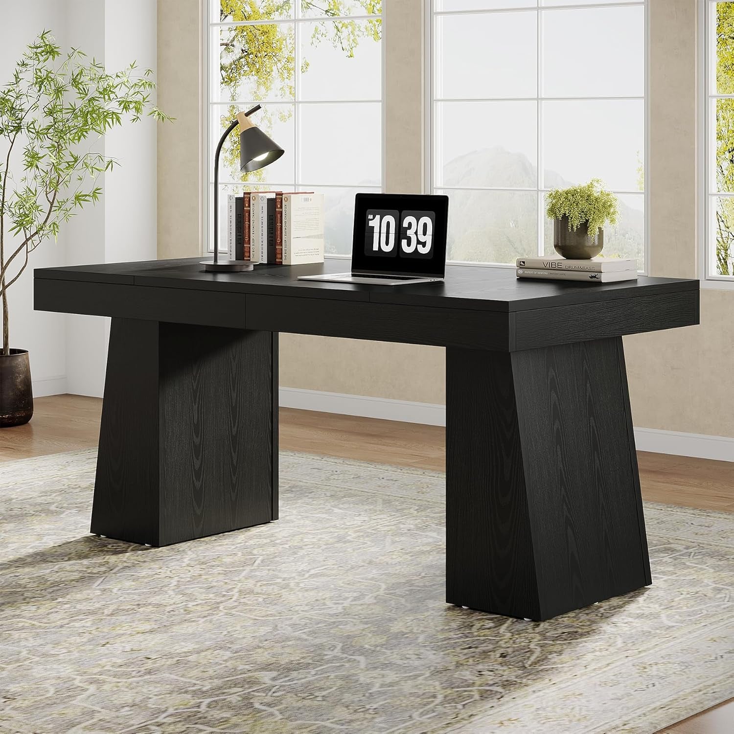 55" Executive Desk, Wooden Office Desk with Double Pedestal, Modern Simple Computer Writing Table for Home Office, Black