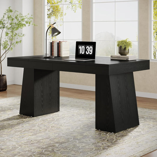 55" Executive Desk, Wooden Office Desk with Double Pedestal, Modern Simple Computer Writing Table for Home Office, Black