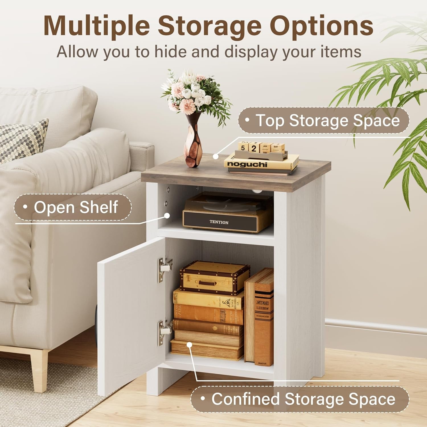 Farmhouse Nightstand, Modern Bedside Table with Barn Door and Shelf, Rustic End Table Side Table for Bedroom, Living Room (2, White)