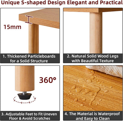 Wooden Night Stand with Open Shelf, Nightstand with Solid Wood Legs, S-Shaped Bed Side Table 3 Tier, End Table Natural Wood YD-TM152N