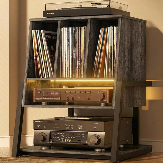 Record Player Stand with Power Outlet & Smart LED, 3-Tier Vinyl Record Storage Cabinet for 200+ Albums, 22" Turntable Station with Wooden Dividers, Modern End Table for Small Space, Grey Oak