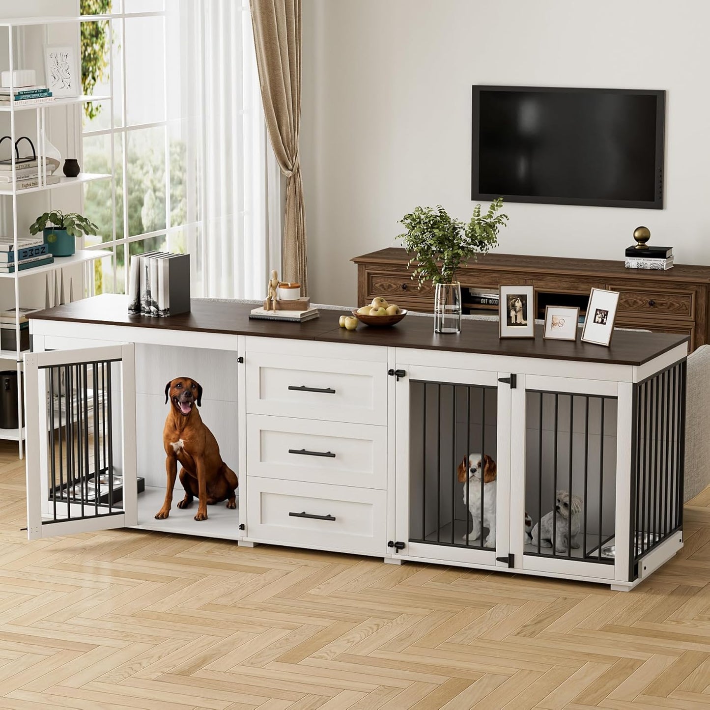 94.5" Large Dog Crate Furniture for 2 Dogs, Double Wooden Dog Kennel Furniture with 4 Dog Bowls & 3 Drawers, Heavy Duty Indoor Furniture Style Dog Cage TV Stand/Table/House, White