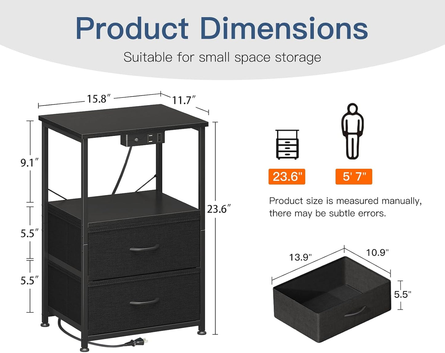 Night Stand with Charging Station and LED Lights, End Table for Bedroom with 2 Fabric Drawers, Small Nightstand with Storage Shelf, Bed Side Bedside Table, Black