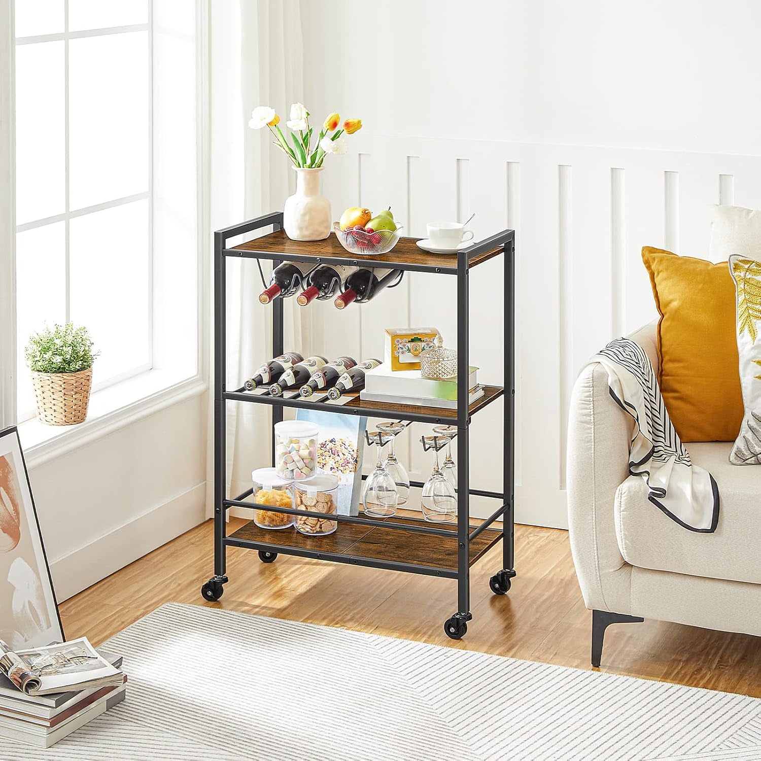 Bar Cart, 3-Tier Coffee Cart with Wheels, Kitchen Cart, Wine Cart with Wine Rack and Glass Holder, Rolling Serving Cart for Home, Living Room, Party, Bar, Rustic Brown and Black BF35TC01G1