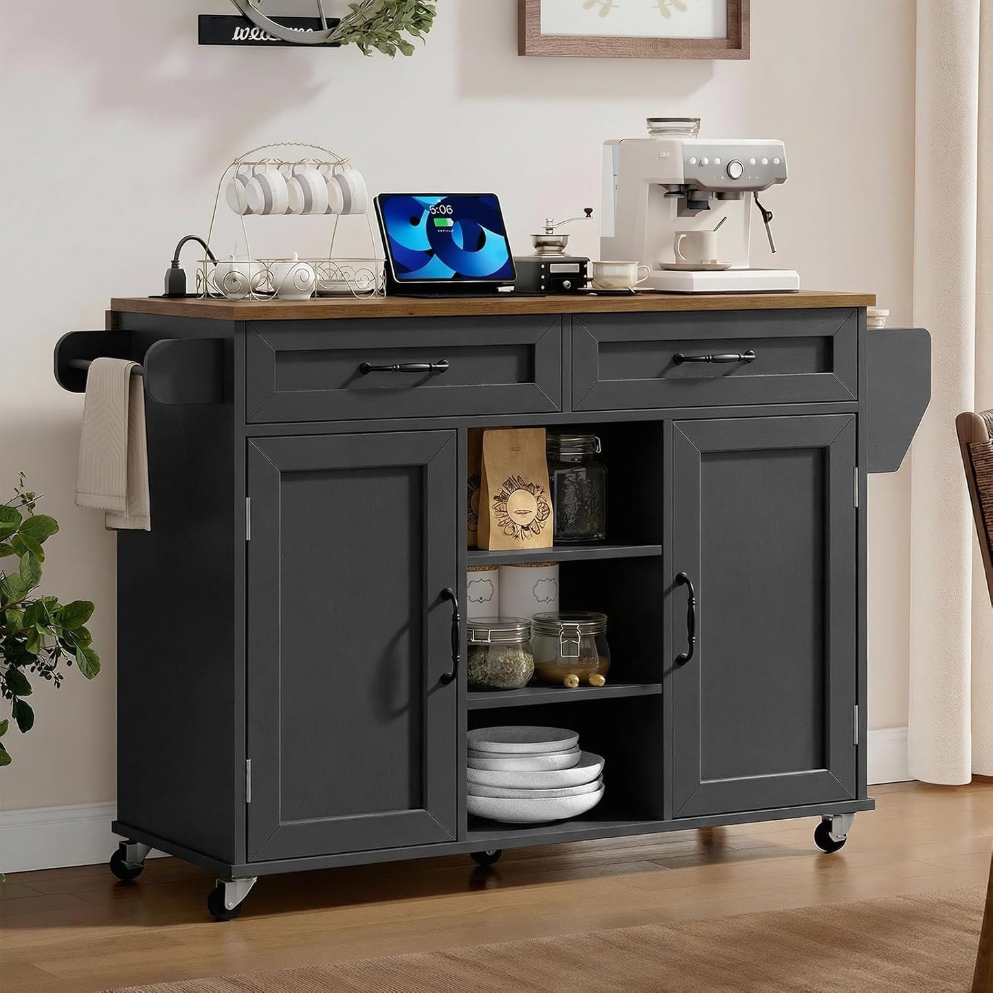 Kitchen Island with Power Outlets & Drop Leaf, Kitchen Cart with Storage, Drawer and Spice Rack, Tower Rack, Island Table, Black and Rustic Brown