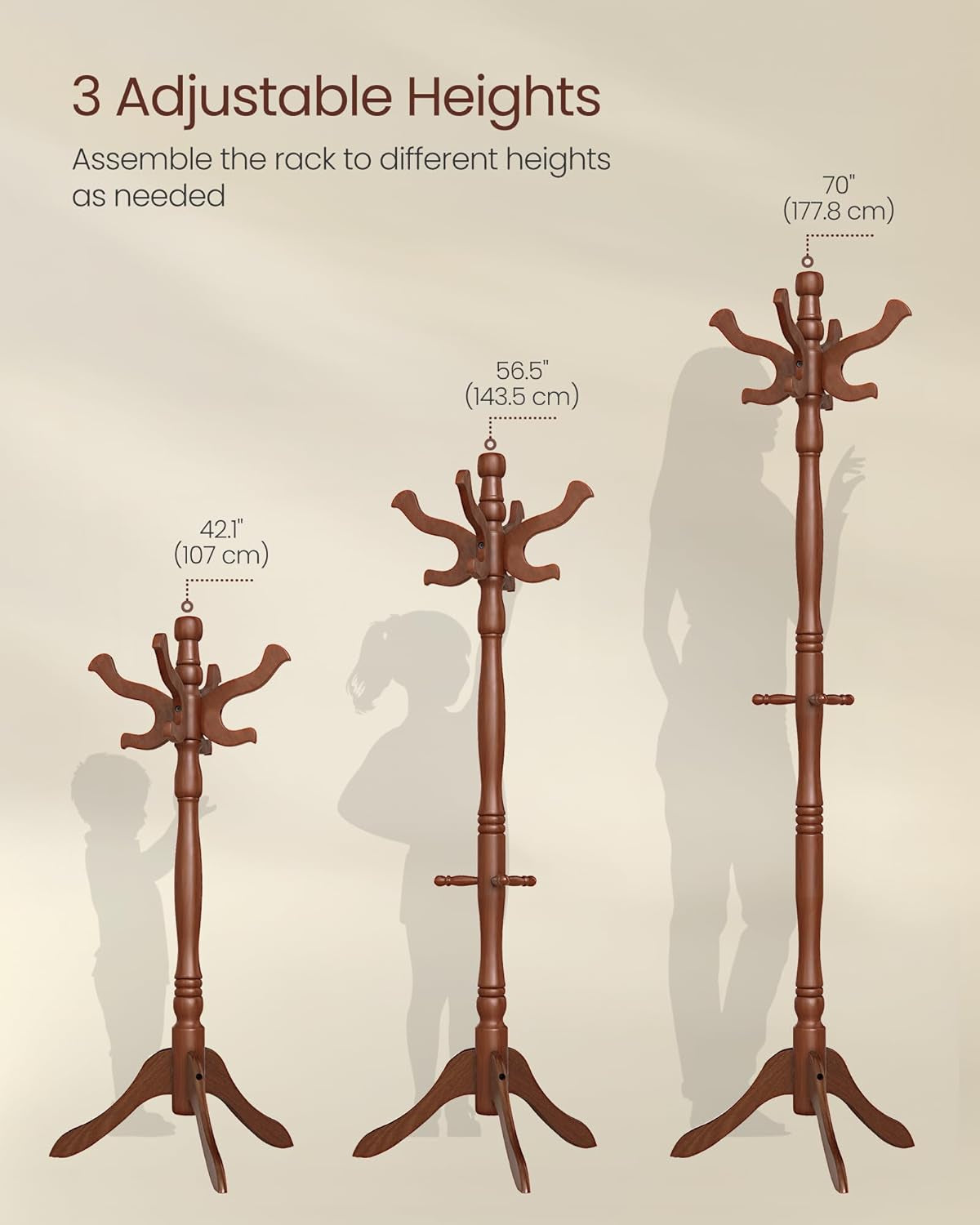 Coat Stand, Solid Wood Freestanding Coat Rack with 11 Hooks, Hall Tree for Bags, Purses, Hats, for Entryway, Hallway, Rubberwood, Caramel Brown URCR05WN