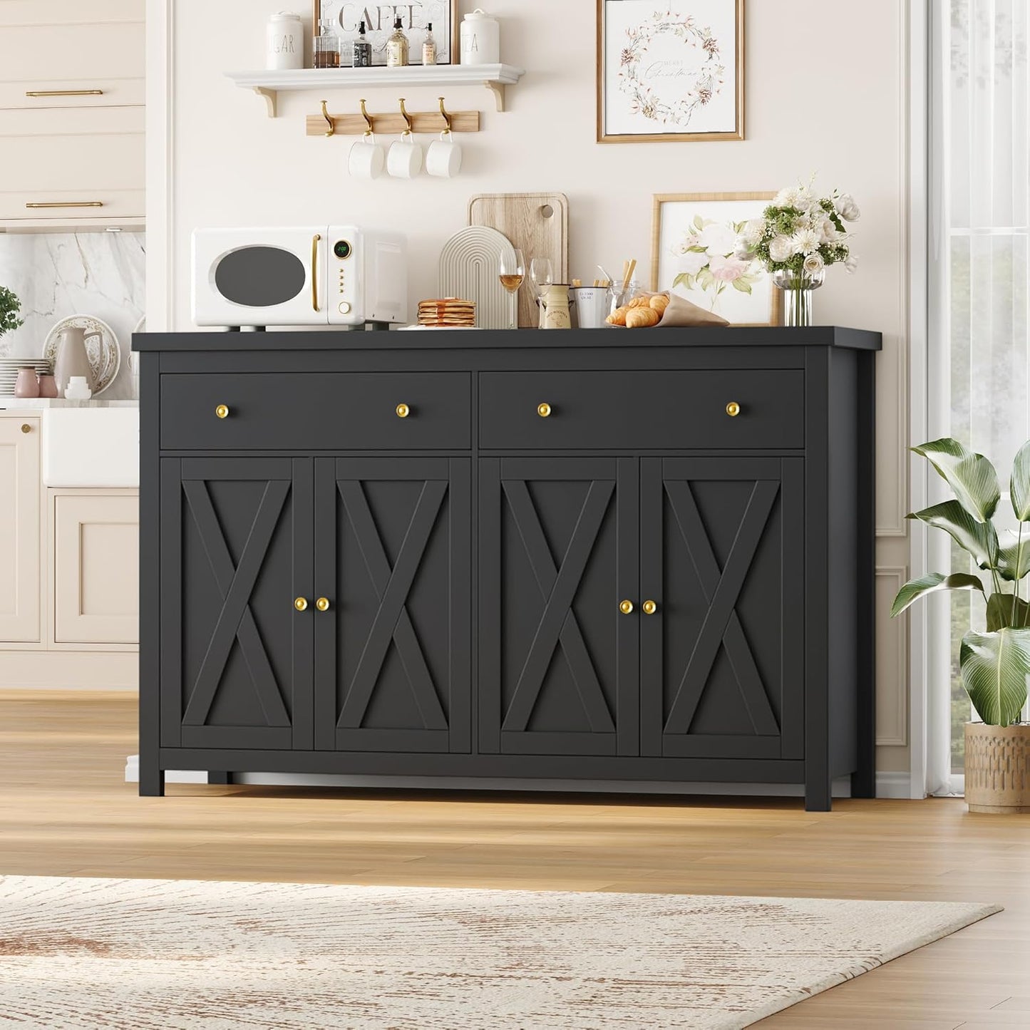 Sideboard Buffet Cabinet with Storage, 55" Large Kitchen Storage Cabinet with 2 Drawers and 4 Doors, Wood Coffee Bar Buffet Table for Kitchen Dining Room, Black