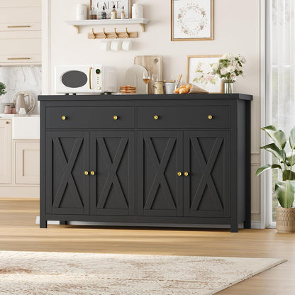 Sideboard Buffet Cabinet with Storage, 55" Large Kitchen Storage Cabinet with 2 Drawers and 4 Doors, Wood Coffee Bar Buffet Table for Kitchen Dining Room, Black