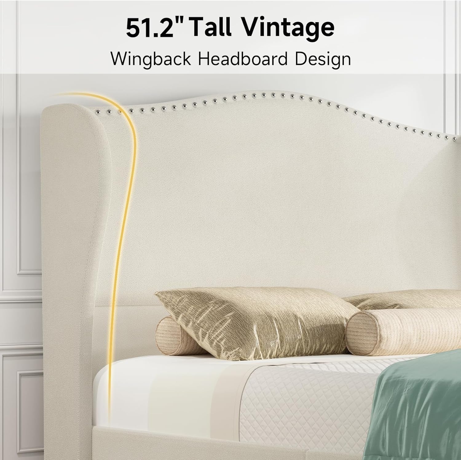 Queen Size Chenille Bed Frame with 52" Tall Headboard, Upholstered Platform Bed with Nailhead Trim Headboard Wingback, No Box Spring Needed, Wood Slats Support, Easy Assembly, Beige