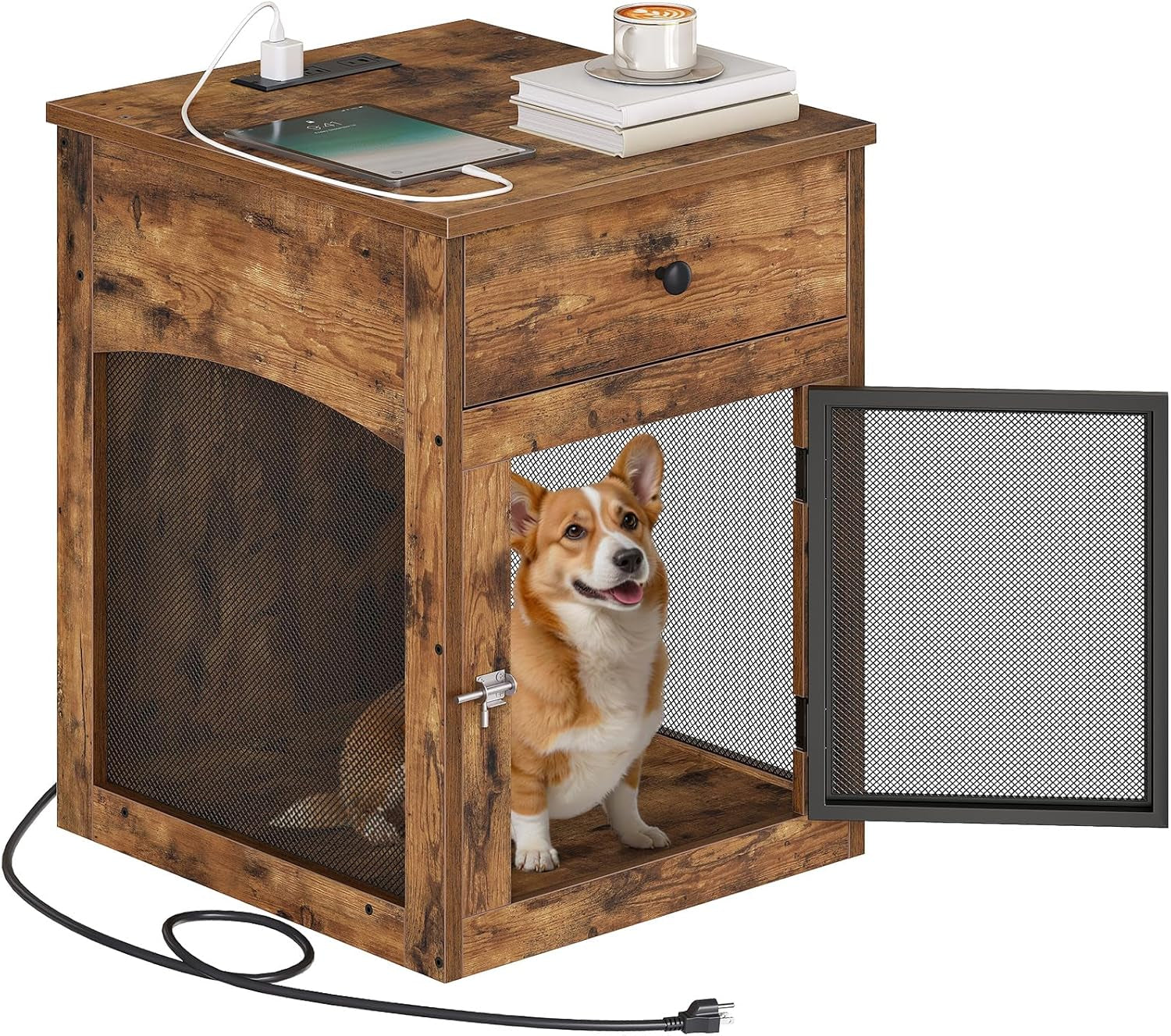 Dog Crate Furniture, Dog Kennel with Drawer and Charging Station, Indoor Decorative Puppy House, Wooden Pet Crate End Table for Small Dogs, Rustic Brown and Black BF58UGW03G1