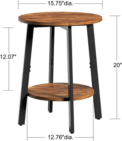 Side Table Set of 2, Small round End Table with Storage Shelf for Small Space, 2-Tier Bedside Table Sofa Couch Table, Nighstands Set of 2 Accent Table for Living Room, Bedroom, Rustic Brown
