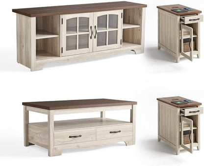 Living Room Table Sets 4 Piece with TV Stand, Farmhouse TV Stand for 65 Inch TV, Coffee Table with Drawers, Two End Table with Charging Station, Washed Gray