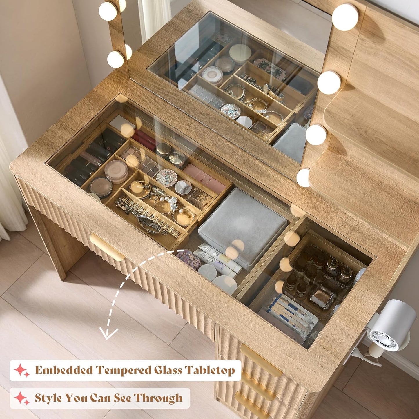 36.2" Fluted Vanity Desk with Mirror and Adjustable LED Lights, Large 4 Drawers Makeup Table with Glass Top and Charging Station for Women and Girls, Bedroom or Dorm, Natural Oak