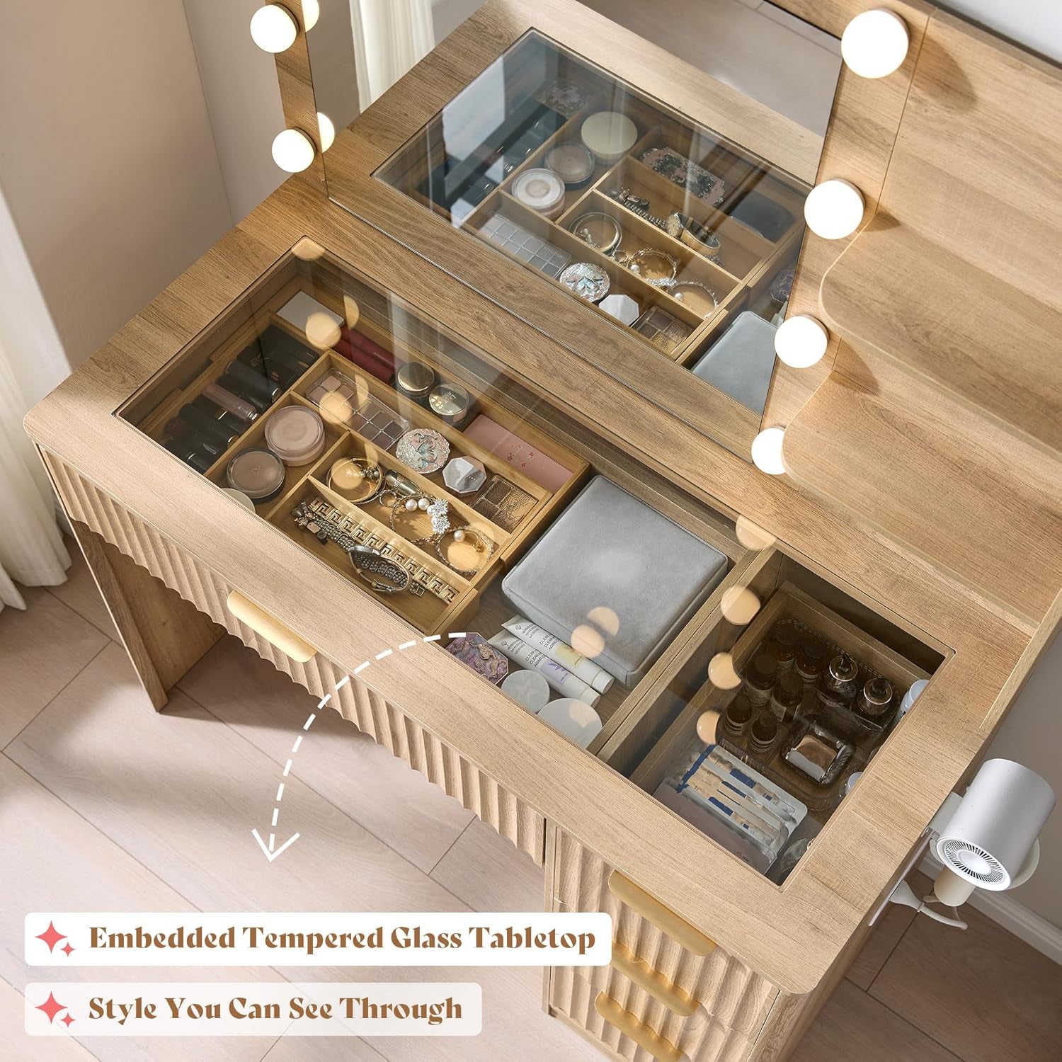36.2" Fluted Vanity Desk with Mirror and Adjustable LED Lights, Large 4 Drawers Makeup Table with Glass Top and Charging Station for Women and Girls, Bedroom or Dorm, Natural Oak