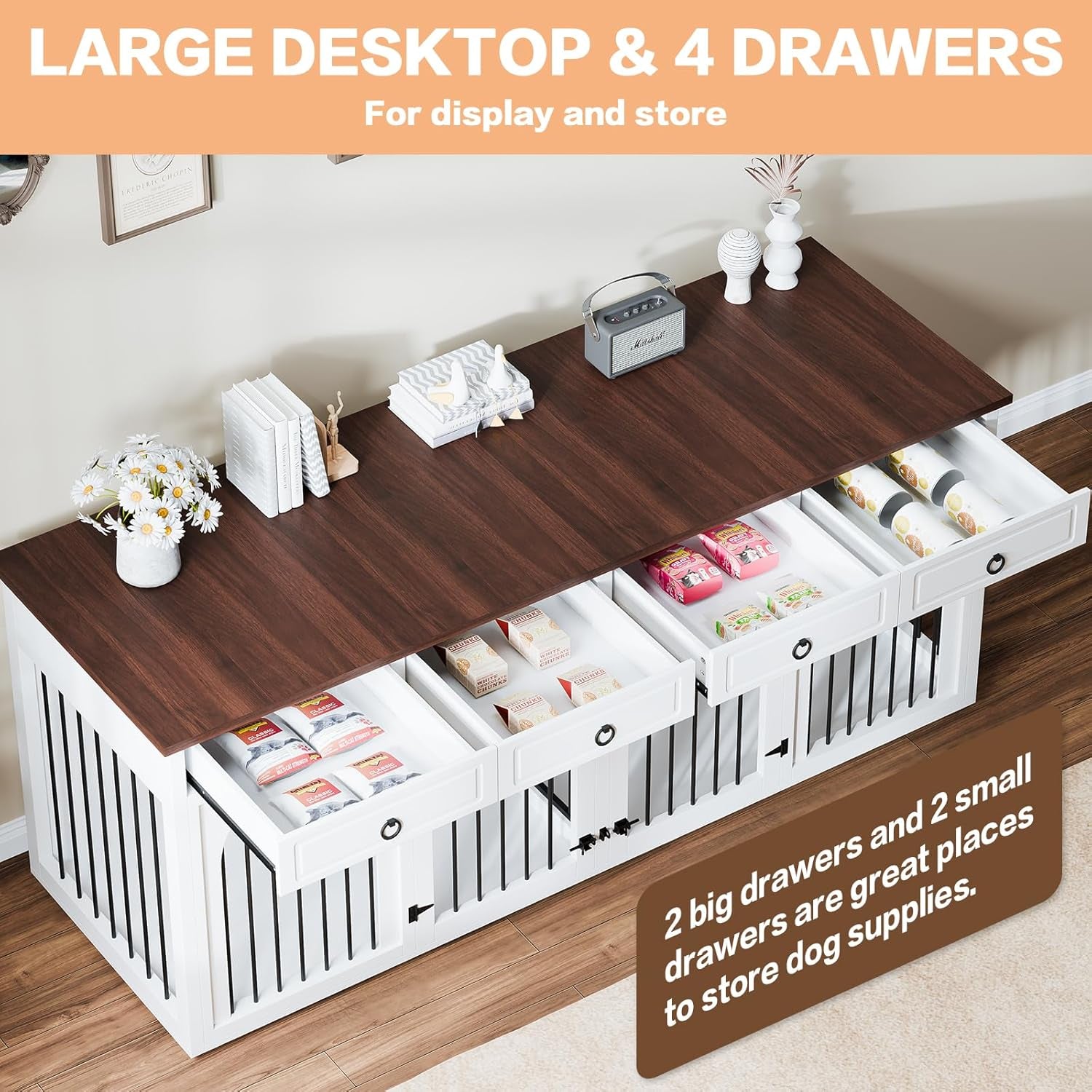 Large Dog Crate Furniture,74.8" Wooden Double Dog Kennel Cage Furniture Indoor for 2 Large Medium Dogs TV Stand with Divider and 2 Drawers,White