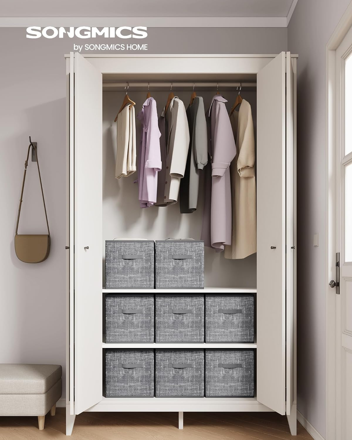 Storage Cubes, 13-Inch Non-Woven Fabric Bins with Double Handles, Set of 8, Closet Organizers for Shelves, Foldable, for Clothes, Cattail Gray UROB833G01
