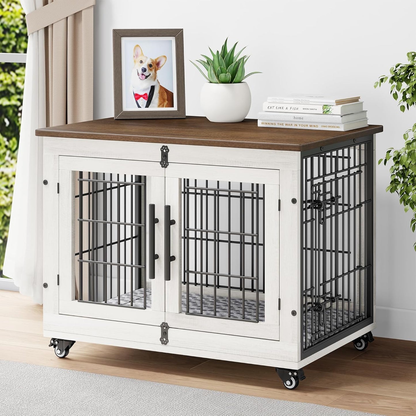 Dog Crate Furniture with Cushion, Wooden Dog Kennel Indoor with Double Doors, Dog Cage with Wheels, Dog House Side End Table for Small Medium Dogs up to 45 Lb, 32.5" L, White
