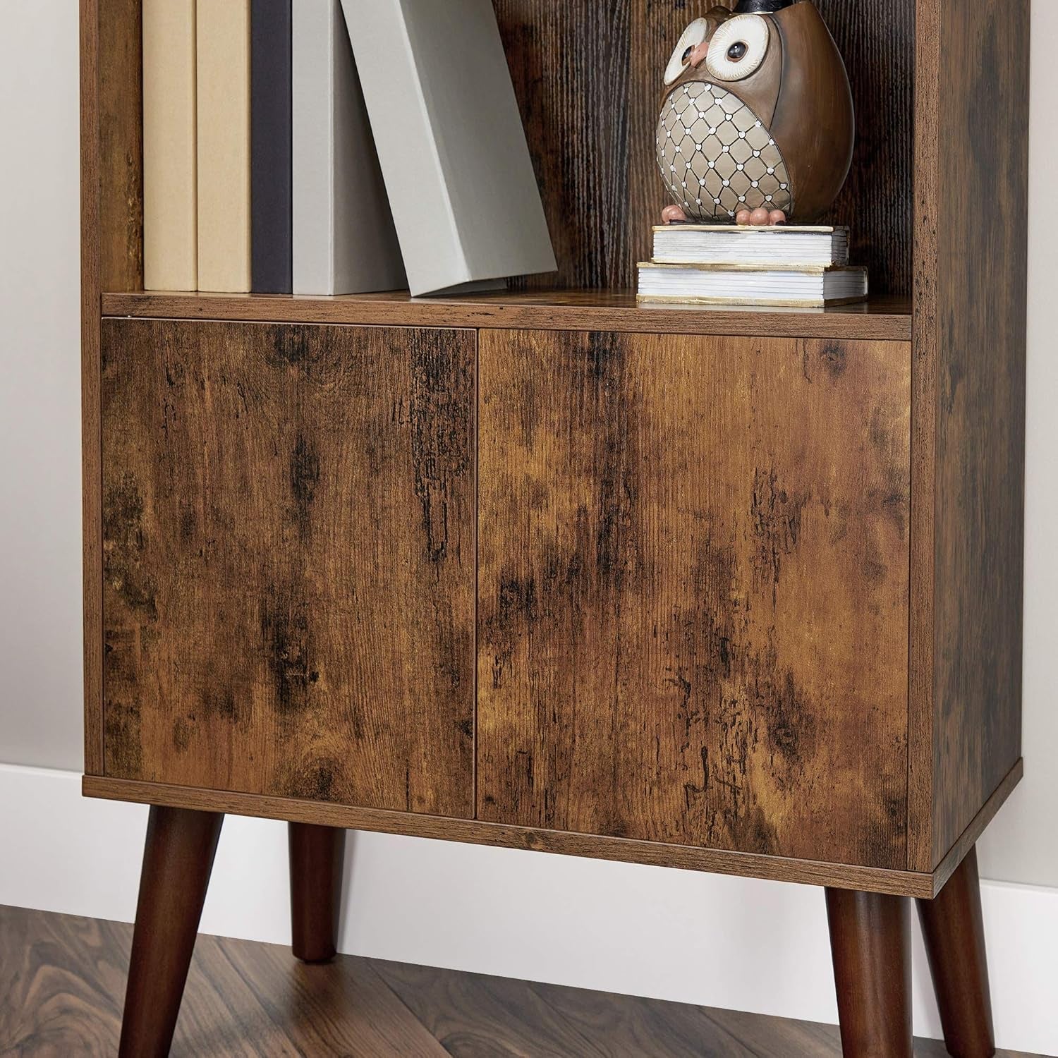 Bookcase, 2-Tier Retro Bookshelf with Doors, Storage Cabinet for Books, Photos, Decorations in Living Room, Office, Study, Mid-Century Style, Rustic Brown ULBC09BX