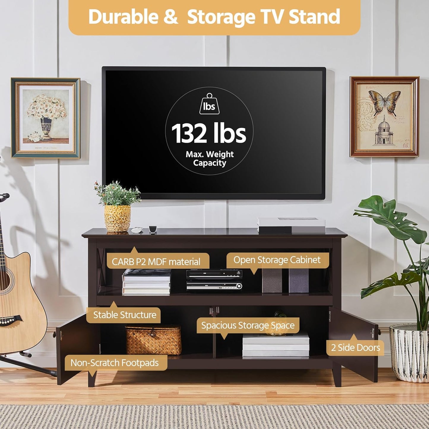 Wooden TV Stand for Tvs up to 48 Inch, Media Entertainment Center Table, TV Cabinet Table with Storage Open Shelf & 2 Doors for Living Room, Espresso