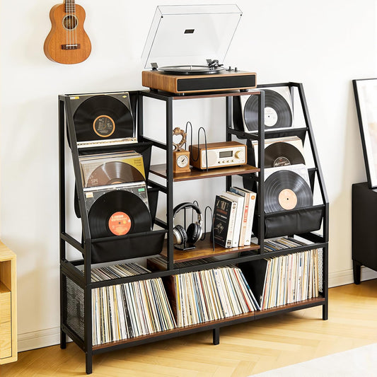Large Record Player Stand, Record Holder with Vinyl Record Storage Holds up to 500+ Albums, Media Table with Vinyl Display Shelf & Turntable Stand for Living Room, Bedroom