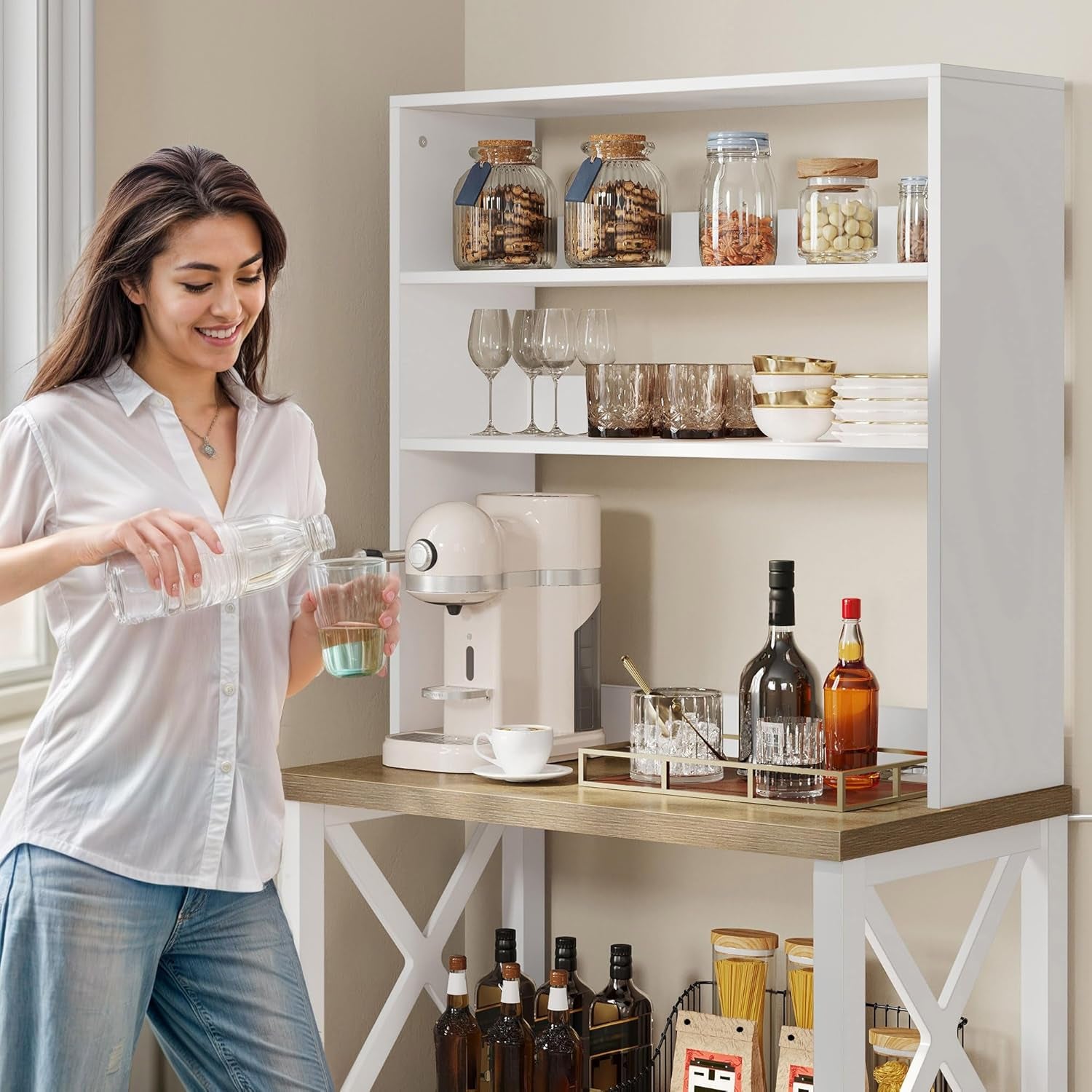 White Microwave Stand Bakers Rack Cabinet, Farmhouse Freestanding Small Kitchen Pantry Hutch Tall W Door Power Outlet Thickened Counter, Coffee Bar Storage Shelves