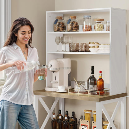 White Microwave Stand Bakers Rack Cabinet, Farmhouse Freestanding Small Kitchen Pantry Hutch Tall W Door Power Outlet Thickened Counter, Coffee Bar Storage Shelves