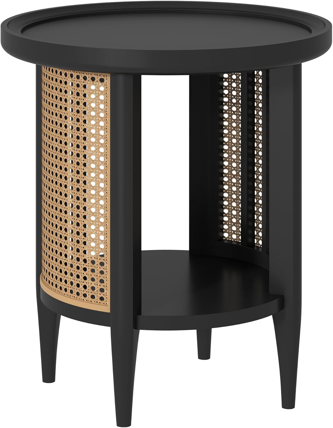 round End Table Rattan Style Side Table with Solid Wood Legs, Boho Style Nightstand Bedside Table with 2-Tier Shelves, Small Coffee Table for Living Room Bedroom Small Spaces Black