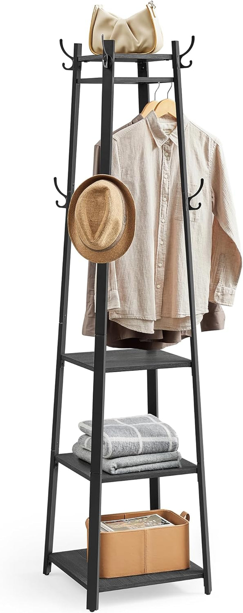 Coat Rack, Coat Stand with 3 Shelves, Hall Tree Free Standing with Hooks for Scarves, Bags, Umbrellas, Steel Frame, Industrial Style, for Entryway, Living Room, Rustic Brown and Black ULCR80X