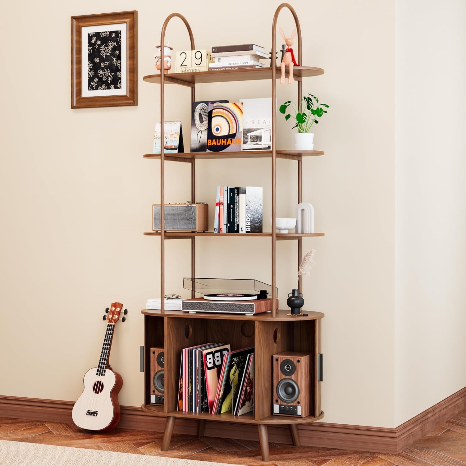 Tall Vinyl Record Player Stand, 4 Tier Arched Bookshelf with Sliding Doors, Retro Small Record Storage Cabinet, Fluted Media Display Shelf, Mid Century Modern Turntable Stand for Living Room, Walnut