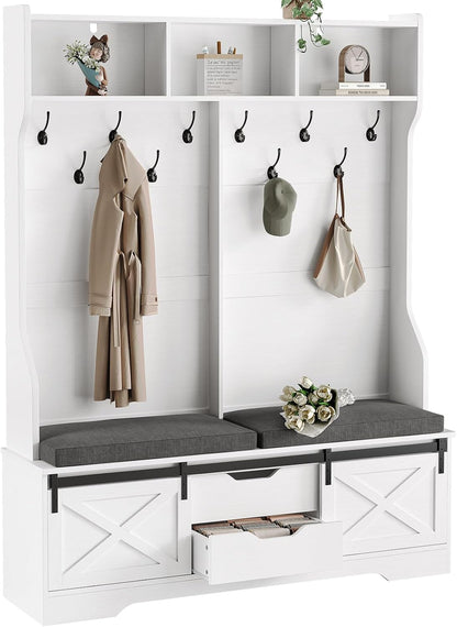 Hall Tree with Bench and Shoe Storage, Entryway Bench with Coat Rack, Modern Farm House Barn Door 3-In-1 Hall Tree with Storage Cushioned Stool and Hooks for Hallway, Living Room (60IN)